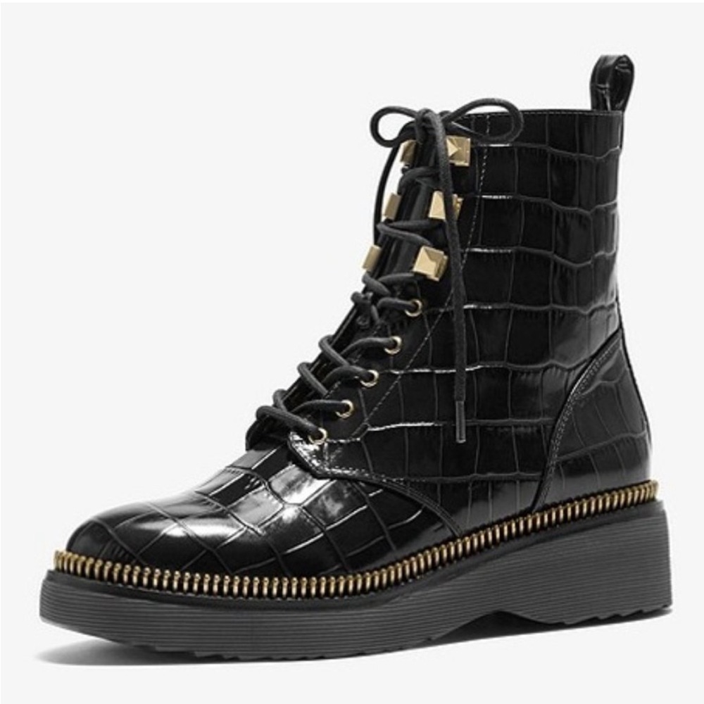 Michael Kors Haskell Crocodile Embossed Leather Combat Boot